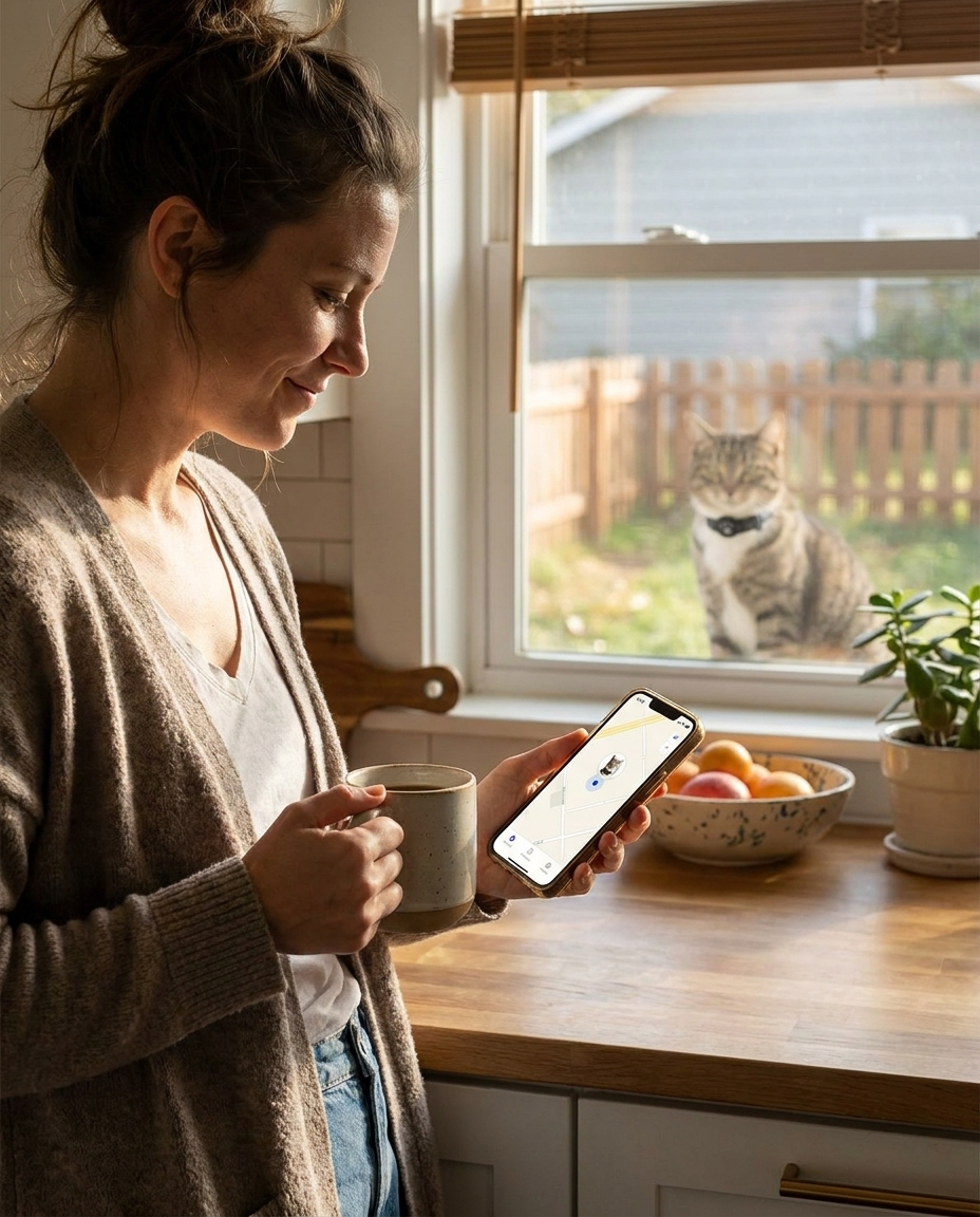 A relaxed cat owner checking their cat's live location on their phone at home