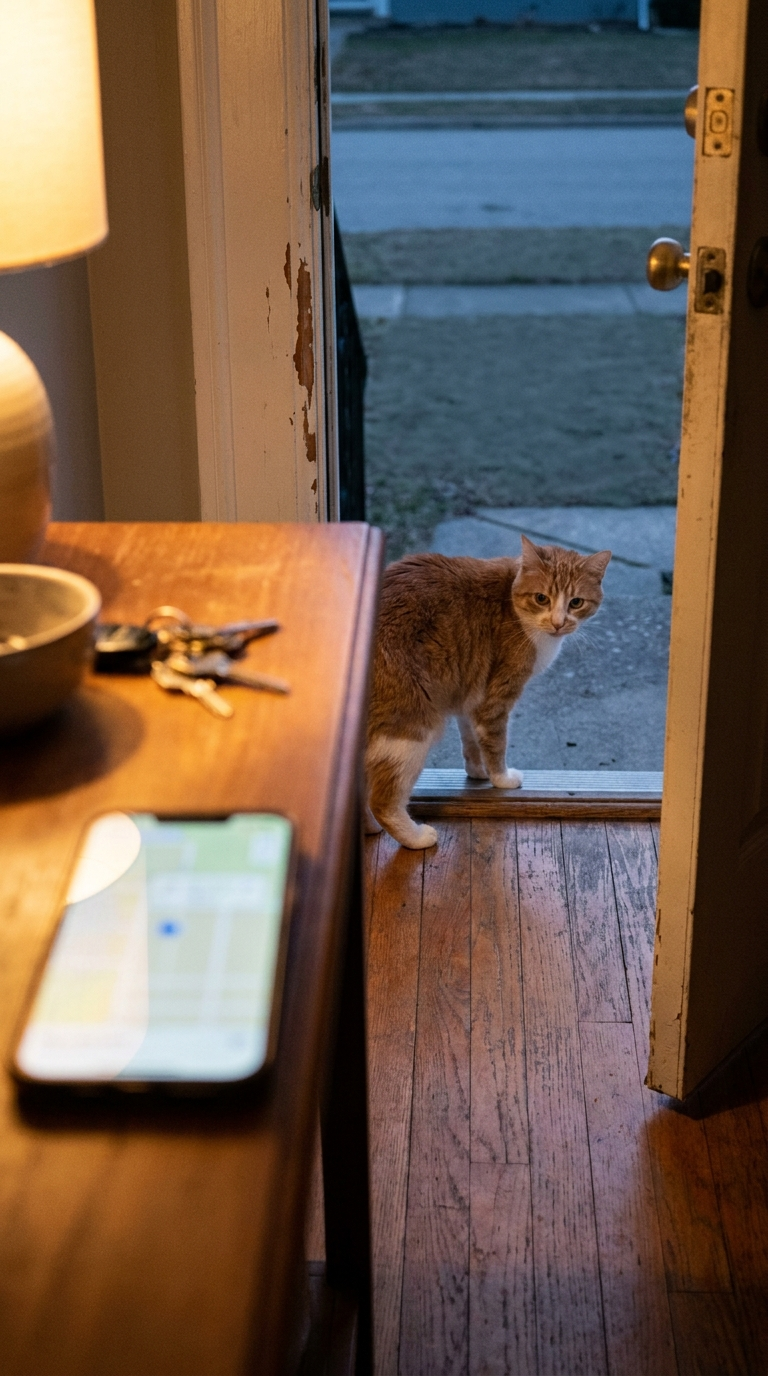 A house cat sitting in an open doorway at dusk, looking out toward the street