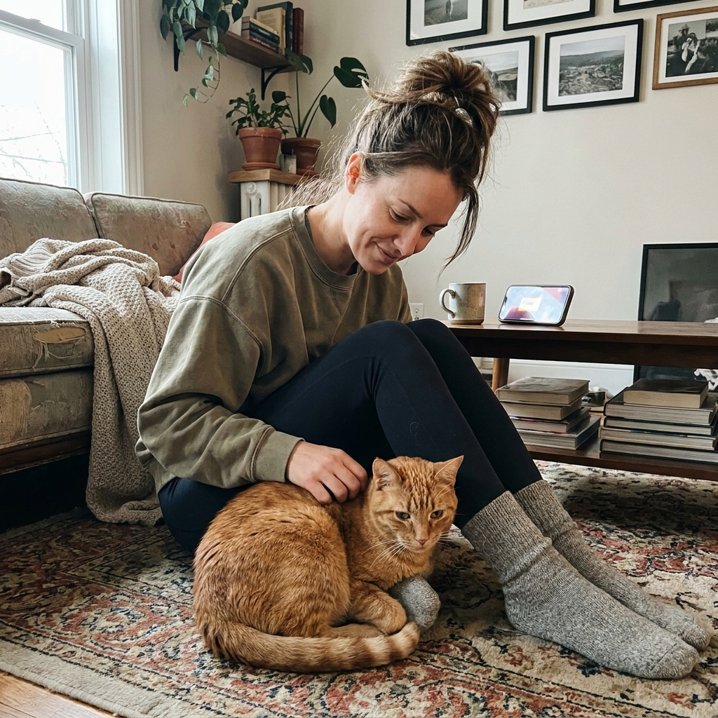 The author at home with her cat