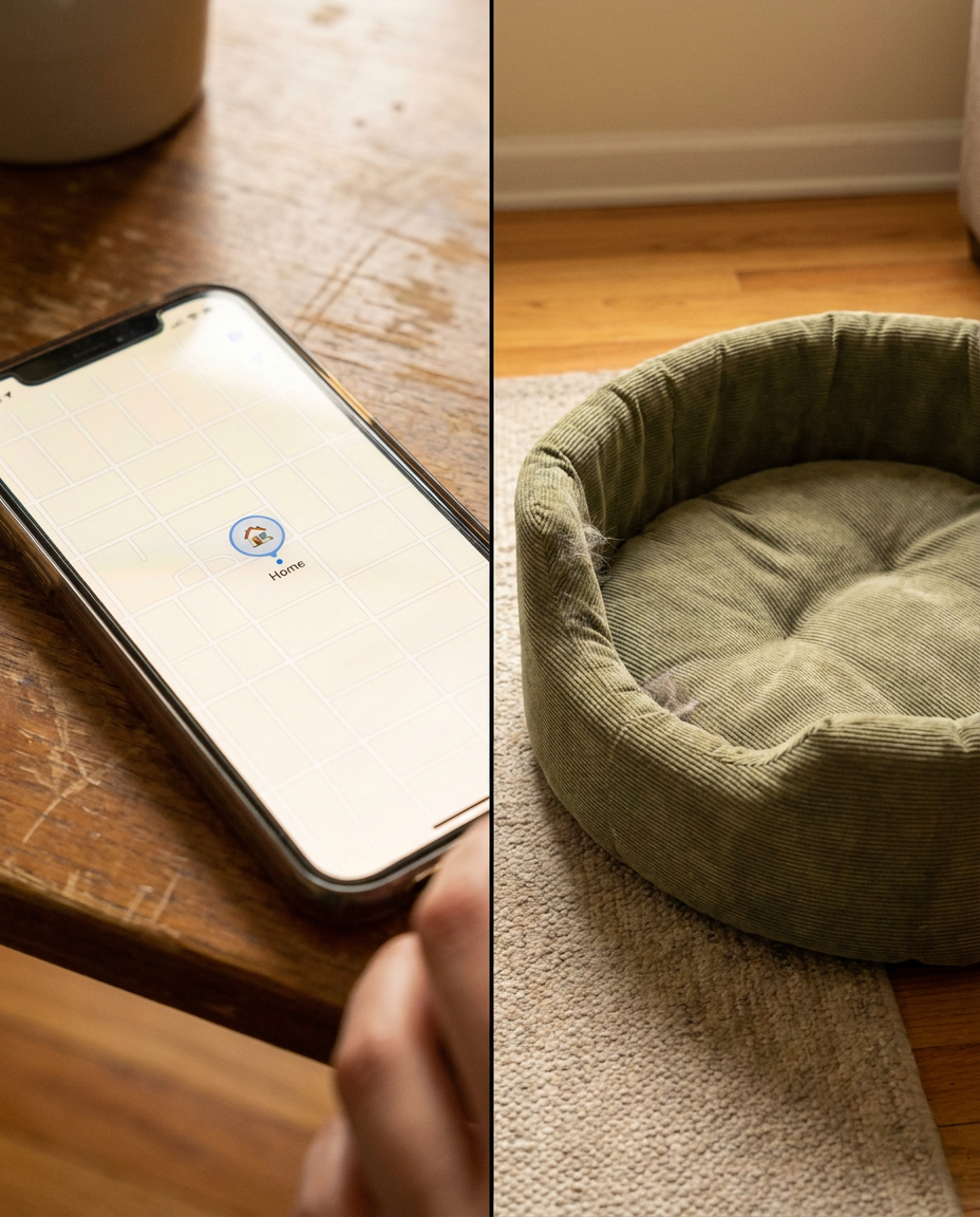 A phone showing a cat's location as 'home' beside an empty cat bed
