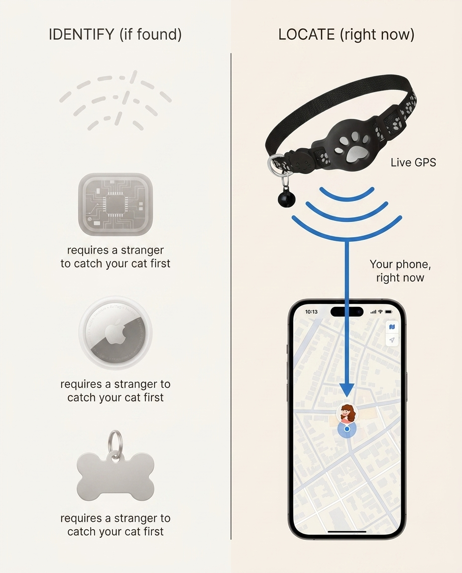 Diagram comparing passive identification devices to live location tracking