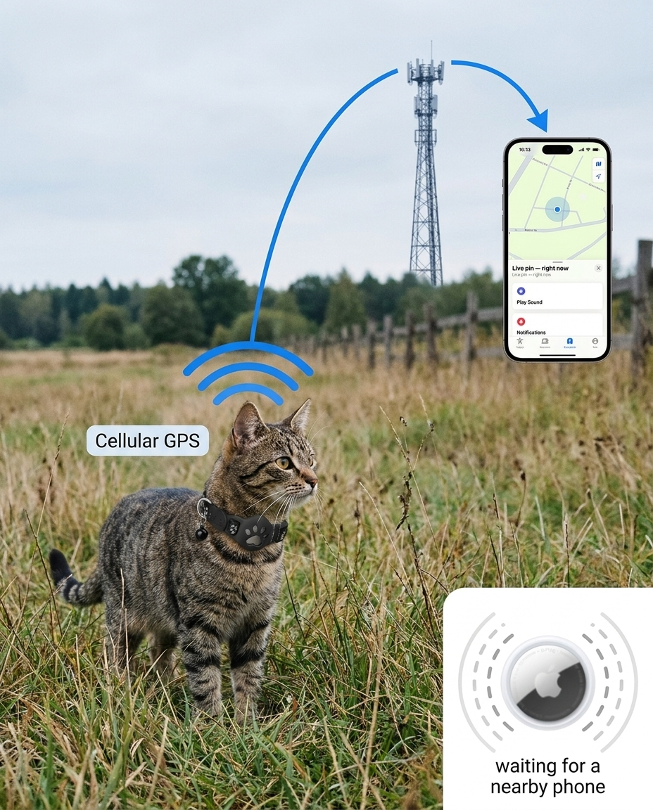 A cat's collar sending a live cellular signal to a cell tower and to the owner's phone