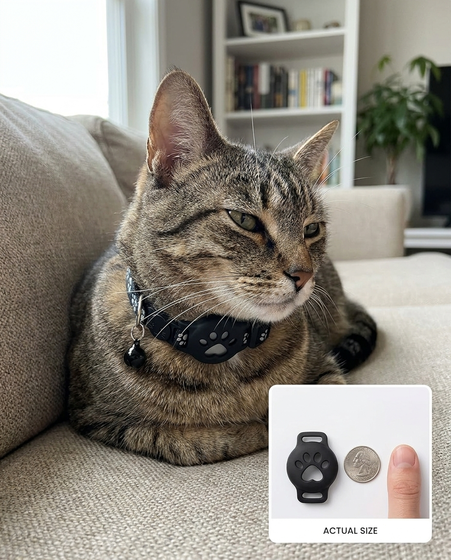 The Collarian cat tracker shown on a real cat's collar, small and lightweight