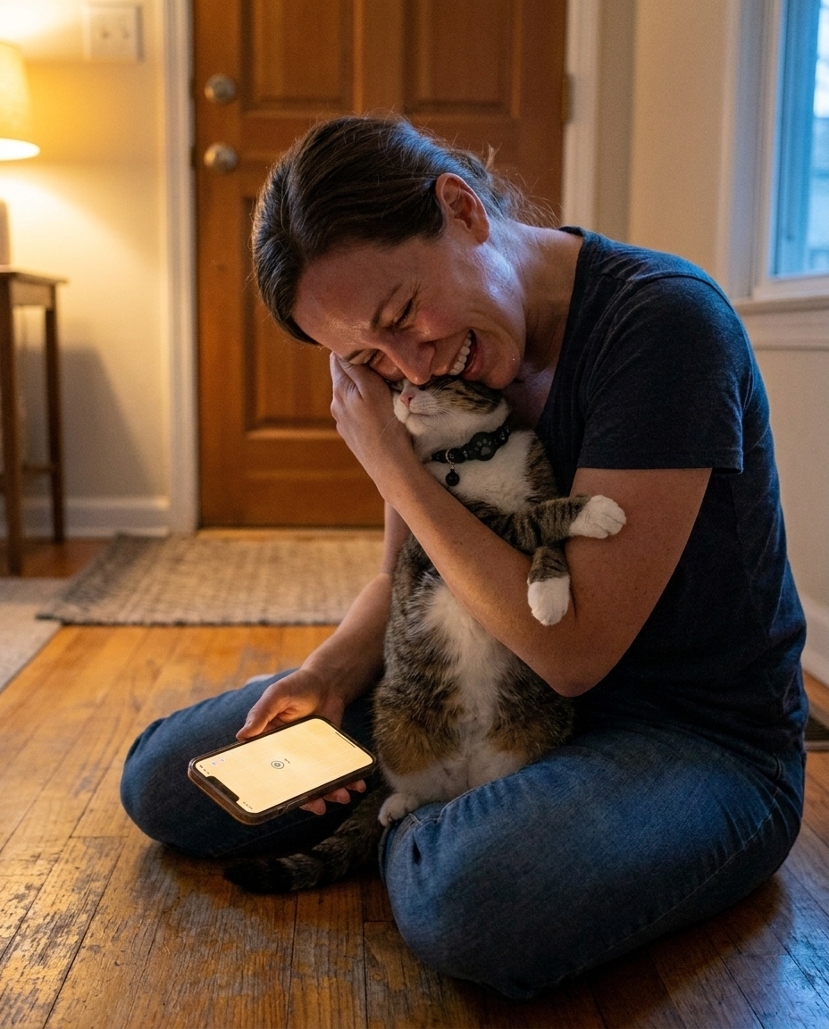 An owner reunited with their cat, holding a phone showing the tracker map