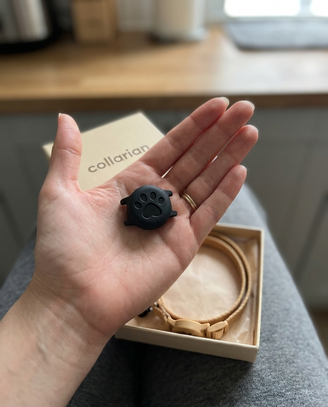 Collarian tracker held in a hand, fresh out of the box